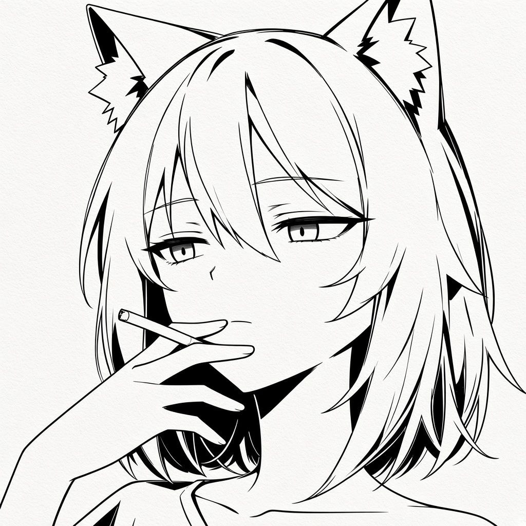 a monochrome portrait — ink-black hair, a lit cigarette, eyes level with the reader